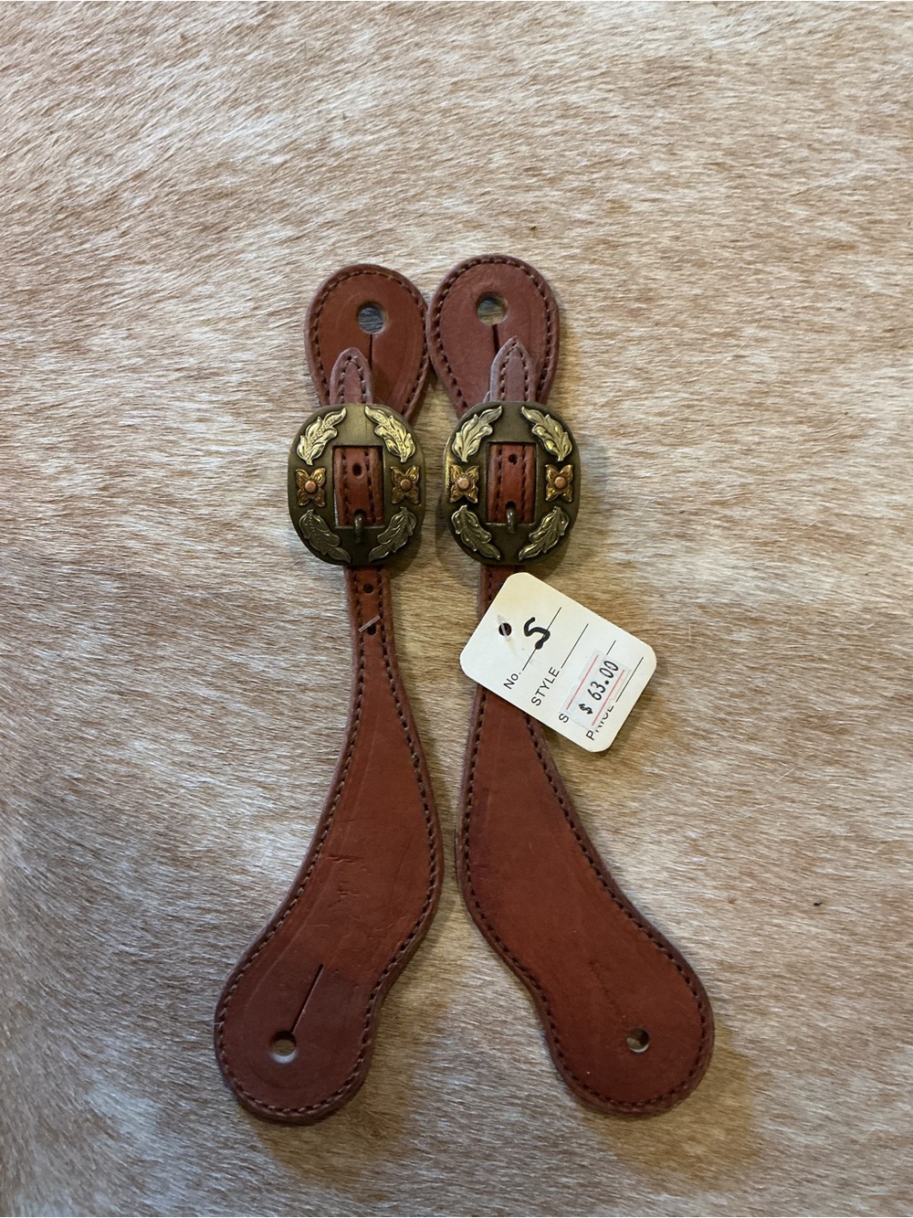Brown Leather Spur Straps with Decorative Brass-Tone Buckles